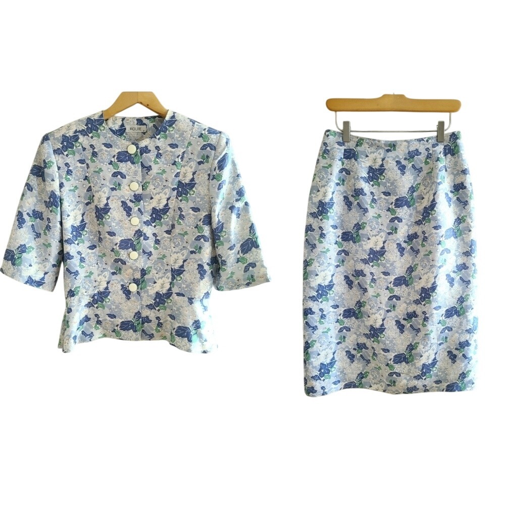 Vintage Rouie Blue Floral Silk Skirt Suit Set Spring‎ Short Sleeve Blazer Jacket